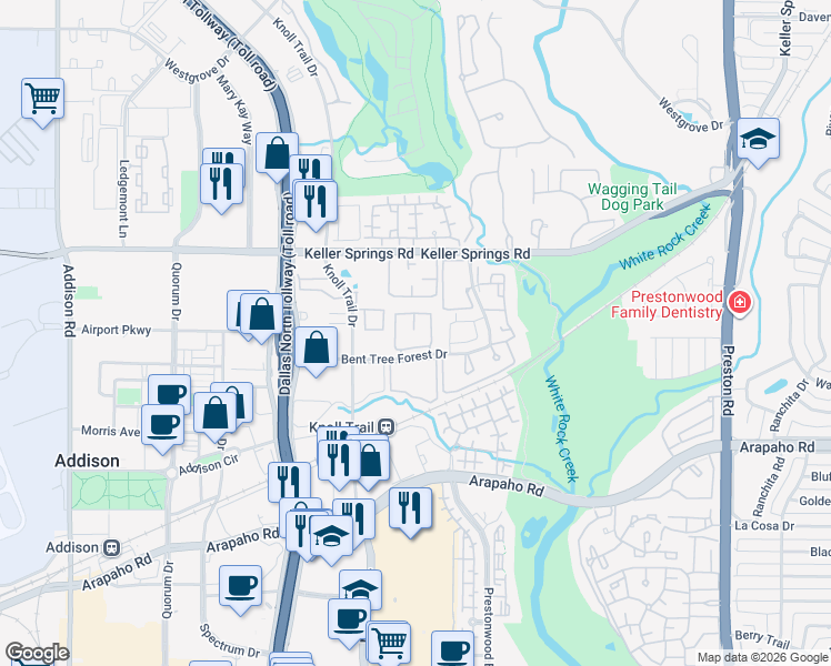 map of restaurants, bars, coffee shops, grocery stores, and more near 5335 Bent Tree Forest Drive in Dallas