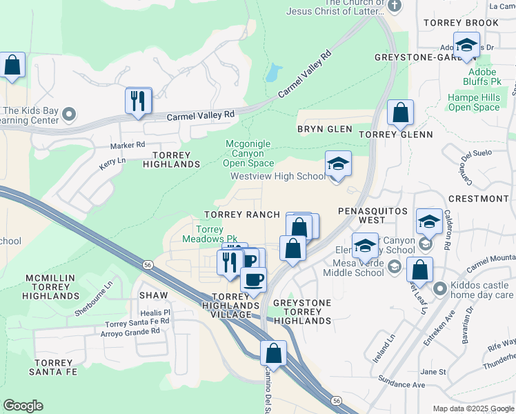 map of restaurants, bars, coffee shops, grocery stores, and more near 13454 Sydney Rae Place in San Diego