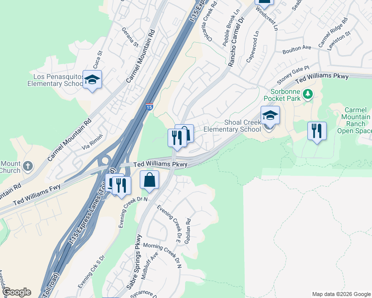 map of restaurants, bars, coffee shops, grocery stores, and more near 10175 Rancho Carmel Drive in San Diego