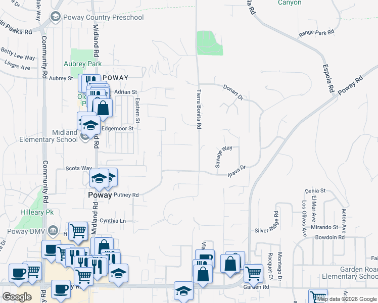 map of restaurants, bars, coffee shops, grocery stores, and more near 13975 Humo Drive in Poway