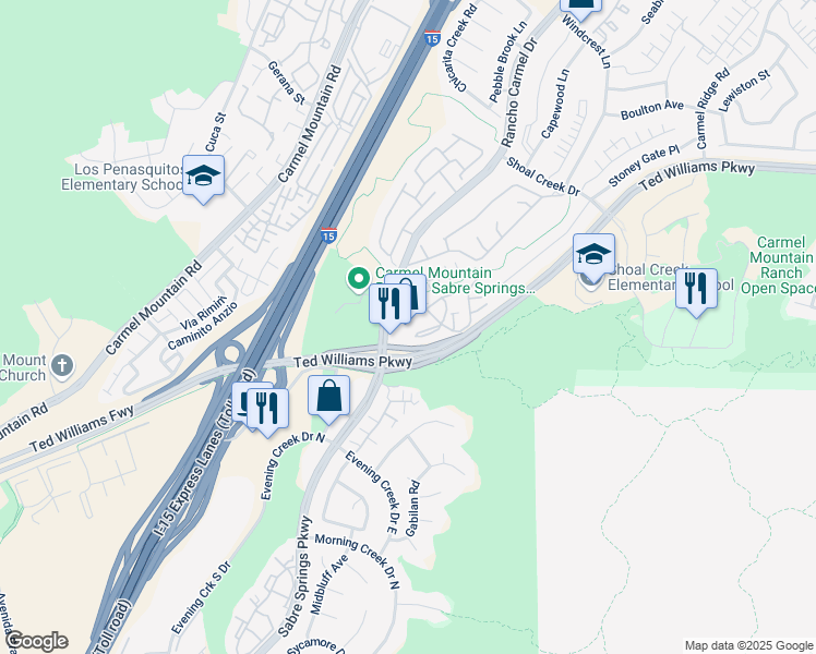 map of restaurants, bars, coffee shops, grocery stores, and more near 10175 Rancho Carmel Drive in San Diego