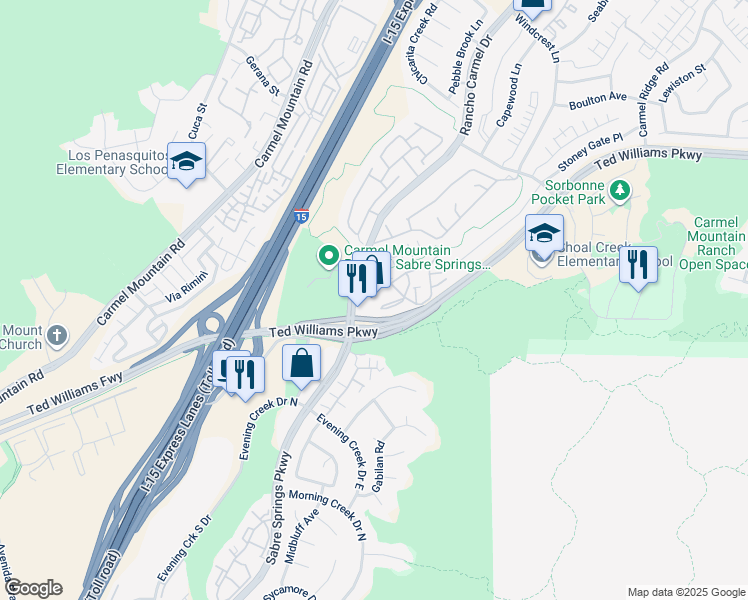 map of restaurants, bars, coffee shops, grocery stores, and more near 10175 Rancho Carmel Drive in San Diego