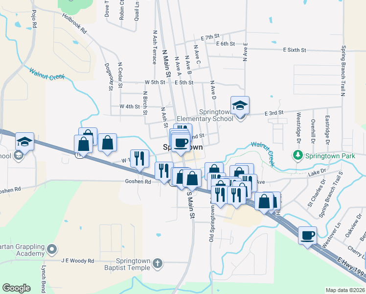map of restaurants, bars, coffee shops, grocery stores, and more near in Springtown