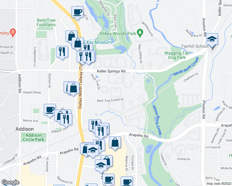 map of restaurants, bars, coffee shops, grocery stores, and more near 5330 Bent Tree Forest Drive in Dallas