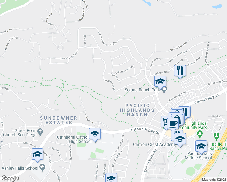 map of restaurants, bars, coffee shops, grocery stores, and more near 5341 Sweetwater Trails in San Diego