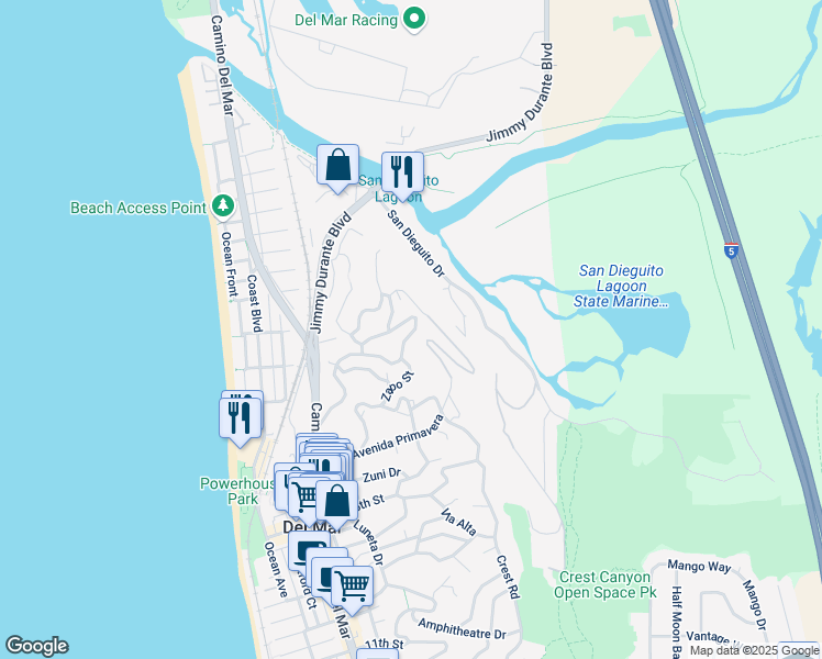 map of restaurants, bars, coffee shops, grocery stores, and more near 1970 Zapo Street in Del Mar