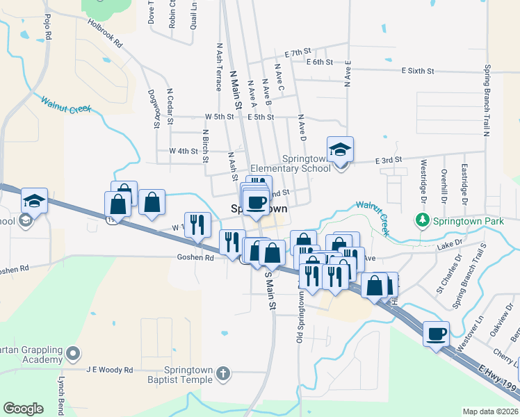 map of restaurants, bars, coffee shops, grocery stores, and more near 101 East 1st Street in Springtown