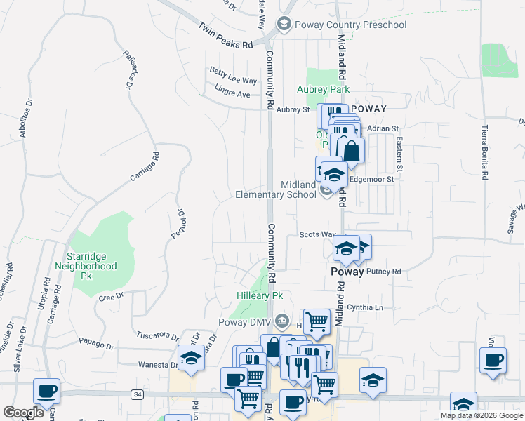 map of restaurants, bars, coffee shops, grocery stores, and more near 13871 Olive Grove Place in Poway