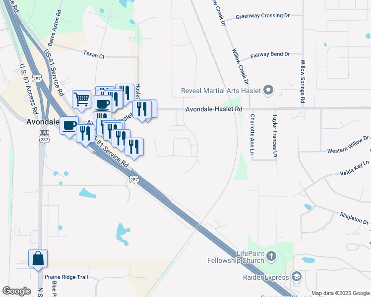 map of restaurants, bars, coffee shops, grocery stores, and more near 13101 Avondale Farms Road in Haslet