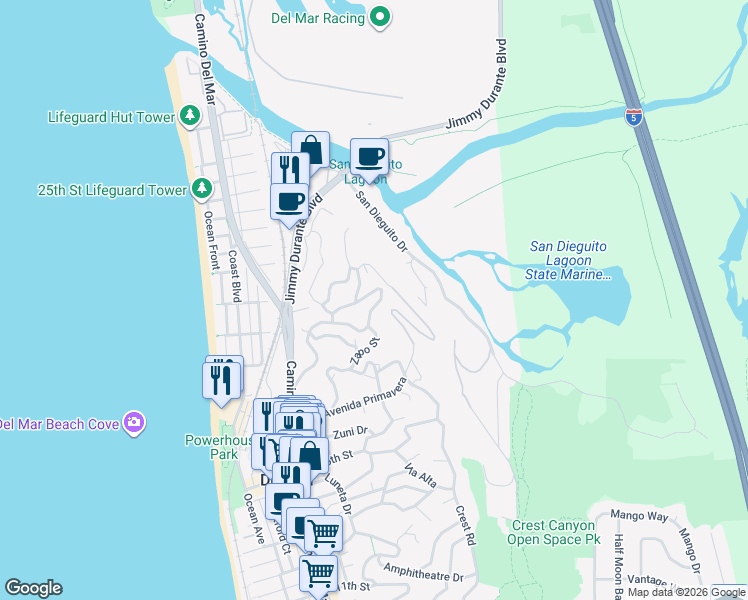 map of restaurants, bars, coffee shops, grocery stores, and more near 1970 Zapo Street in Del Mar