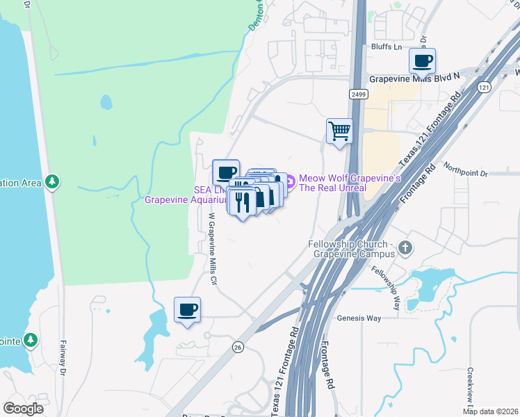 map of restaurants, bars, coffee shops, grocery stores, and more near 3000 Grapevine Mills Parkway in Grapevine