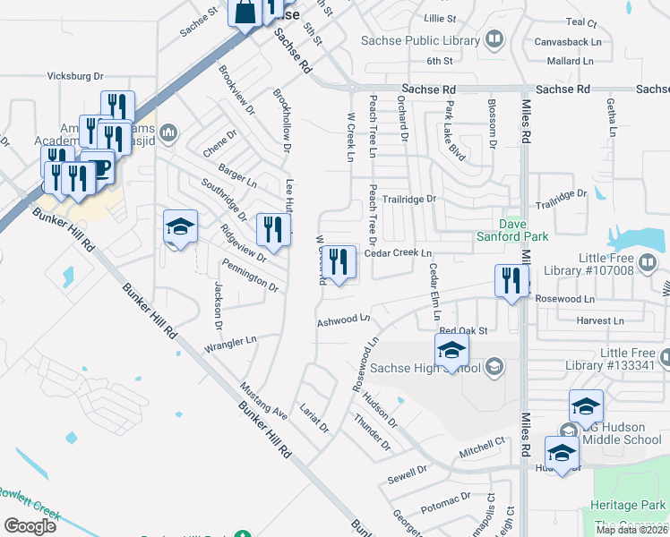 map of restaurants, bars, coffee shops, grocery stores, and more near 3308 Cedar Brook Court in Sachse