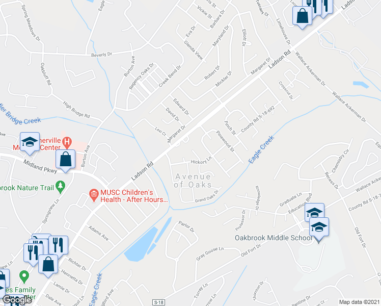 map of restaurants, bars, coffee shops, grocery stores, and more near 9604 Blue Jay Court in Ladson