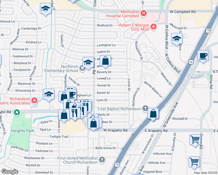 map of restaurants, bars, coffee shops, grocery stores, and more near 424 Daniel Street in Richardson