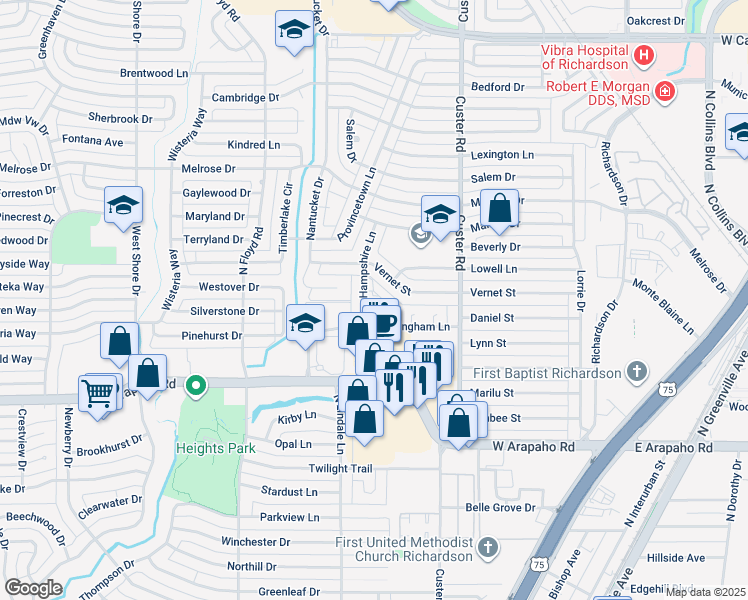 map of restaurants, bars, coffee shops, grocery stores, and more near 1212 Hampshire Lane in Richardson