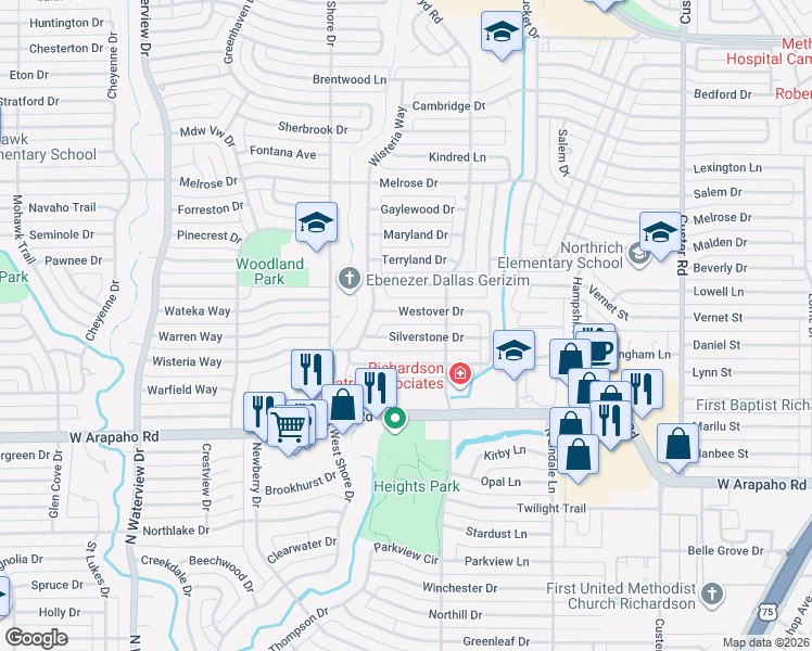 map of restaurants, bars, coffee shops, grocery stores, and more near in Richardson