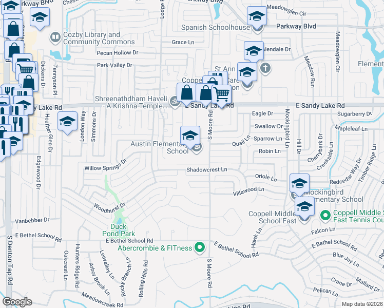map of restaurants, bars, coffee shops, grocery stores, and more near 566 Shadowcrest Lane in Coppell
