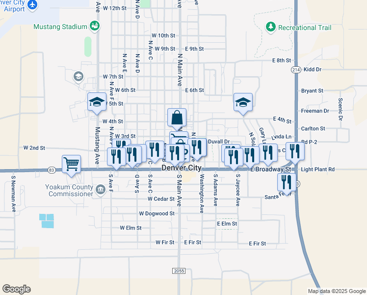 map of restaurants, bars, coffee shops, grocery stores, and more near 200 South Main Avenue in Denver City