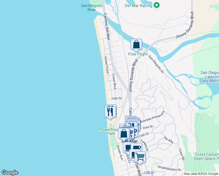 map of restaurants, bars, coffee shops, grocery stores, and more near 2008 Ocean Front in Del Mar