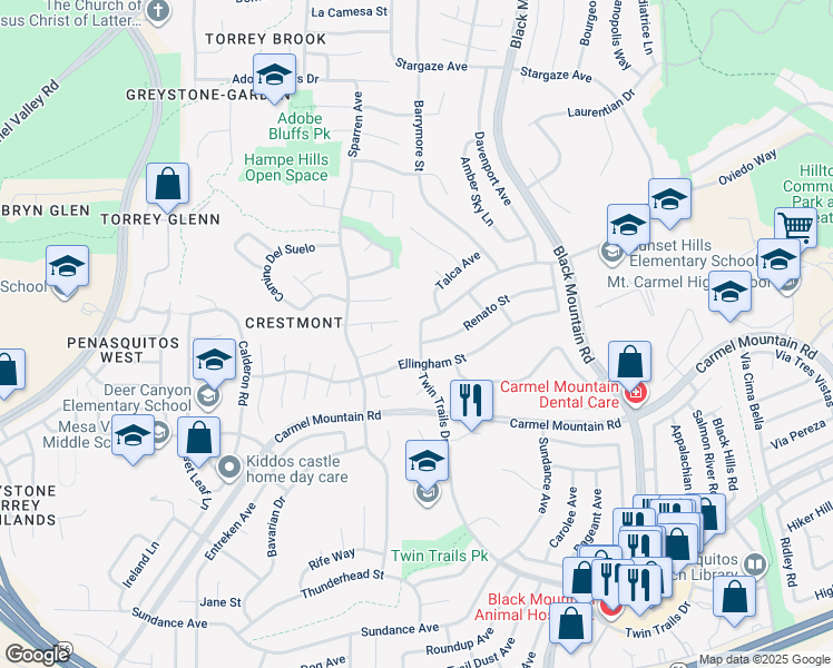 map of restaurants, bars, coffee shops, grocery stores, and more near 8730 Twin Trails Drive in San Diego