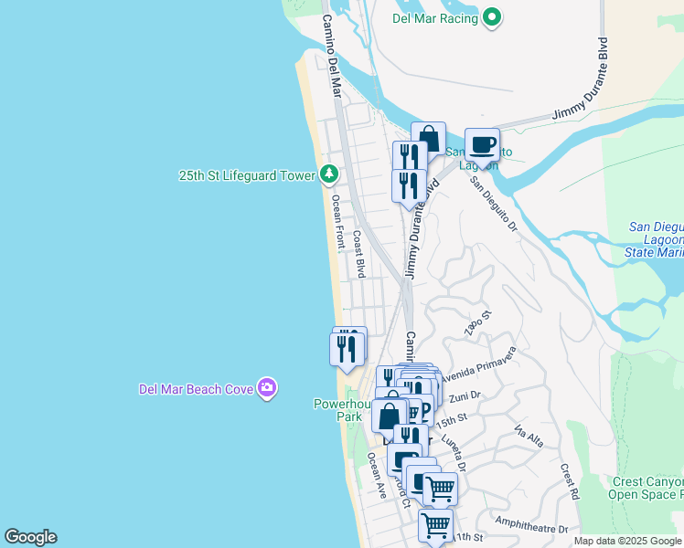 map of restaurants, bars, coffee shops, grocery stores, and more near 2008 Ocean Front in Del Mar