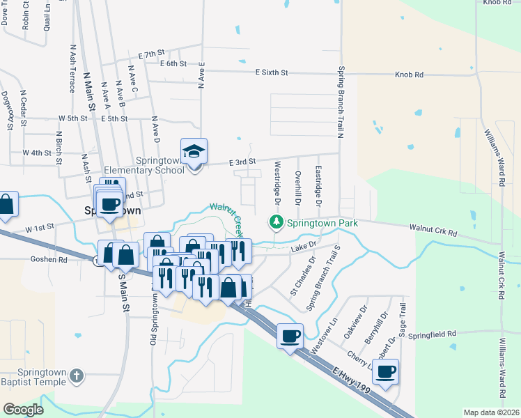 map of restaurants, bars, coffee shops, grocery stores, and more near 109 Westridge Drive in Springtown
