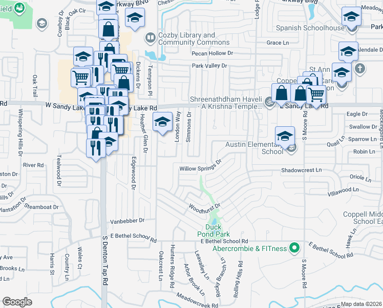 map of restaurants, bars, coffee shops, grocery stores, and more near 185 Simmons Drive in Coppell