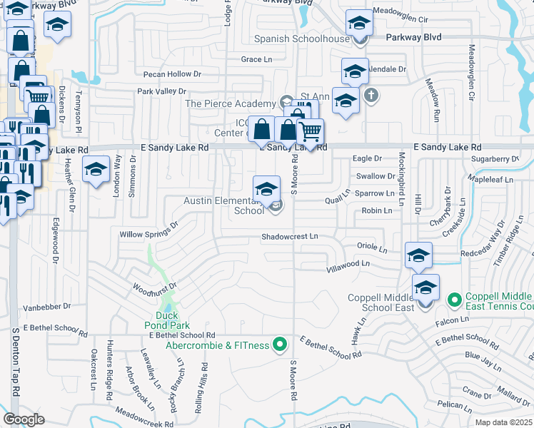 map of restaurants, bars, coffee shops, grocery stores, and more near 161 South Moore Road in Coppell