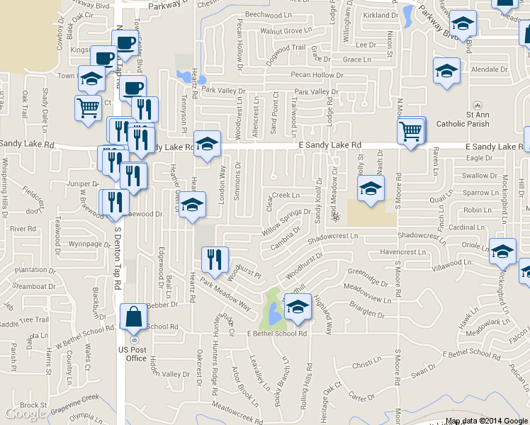 map of restaurants, bars, coffee shops, grocery stores, and more near 185 Simmons Drive in Coppell