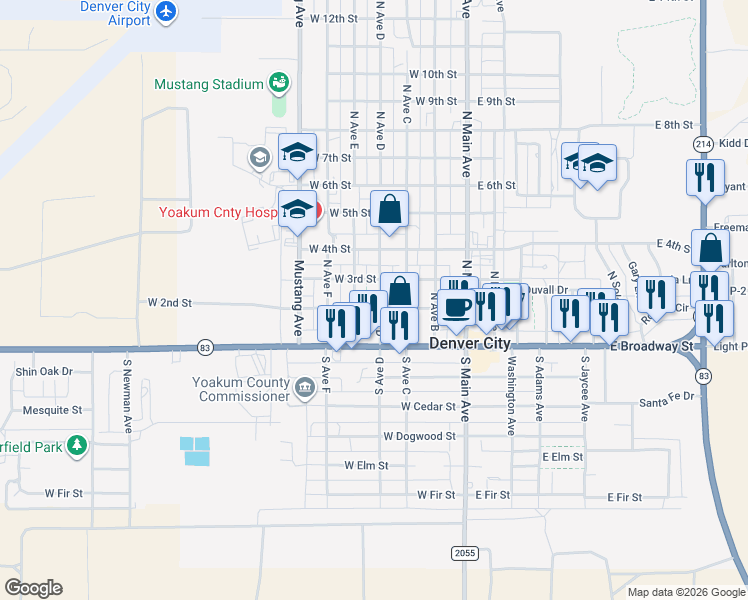 map of restaurants, bars, coffee shops, grocery stores, and more near 319 West 2nd Street in Denver City
