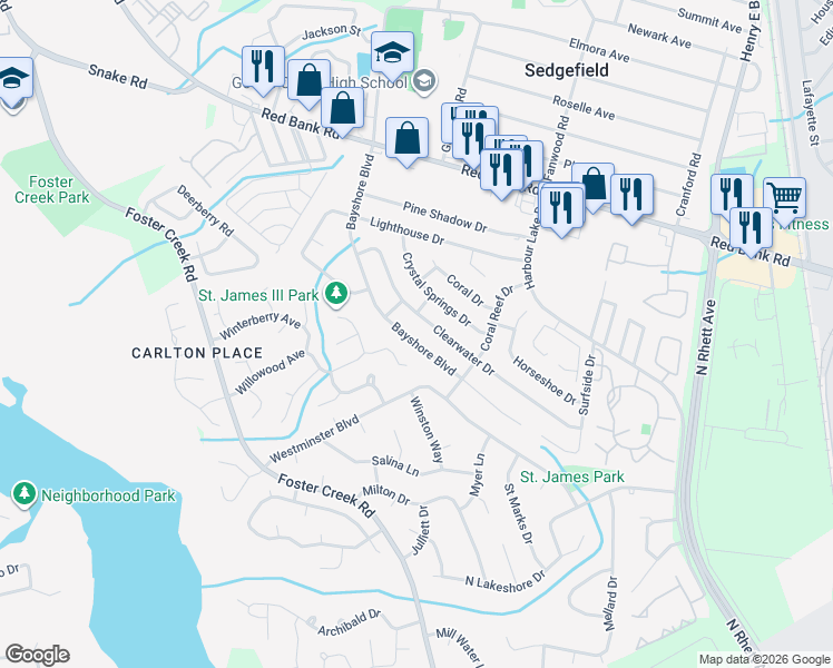 map of restaurants, bars, coffee shops, grocery stores, and more near 40 Bayshore Boulevard in Goose Creek