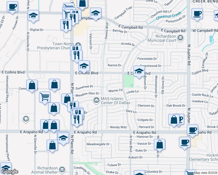 map of restaurants, bars, coffee shops, grocery stores, and more near 17 Merrie Circle in Richardson