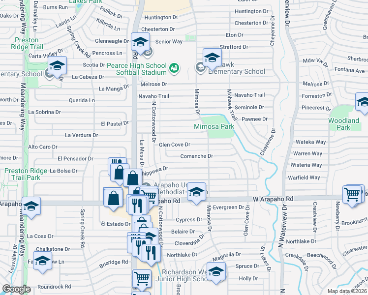 map of restaurants, bars, coffee shops, grocery stores, and more near 1320 Comanche Drive in Richardson