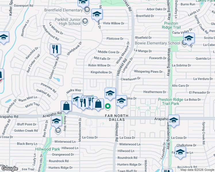map of restaurants, bars, coffee shops, grocery stores, and more near 7022 Regalview Circle in Dallas