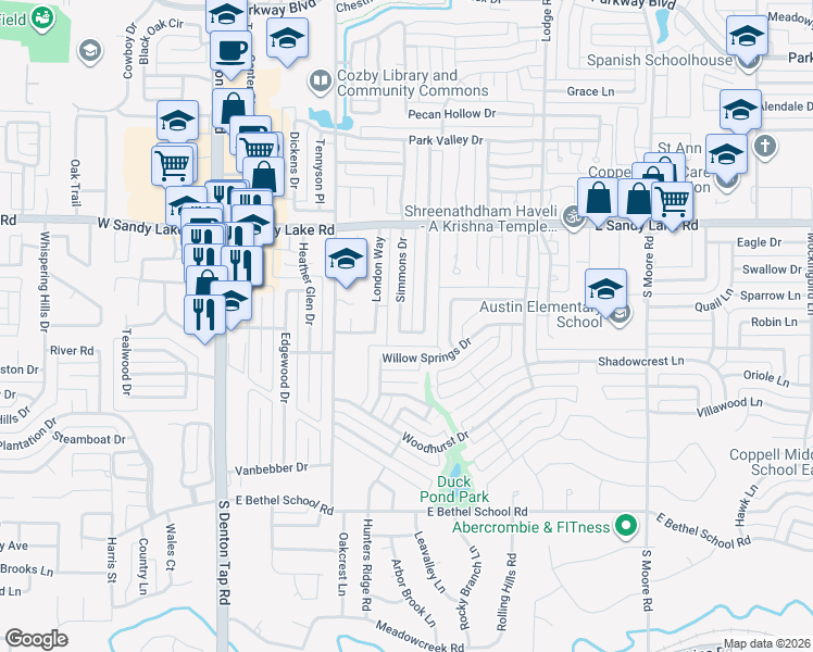 map of restaurants, bars, coffee shops, grocery stores, and more near 156 Simmons Drive in Coppell