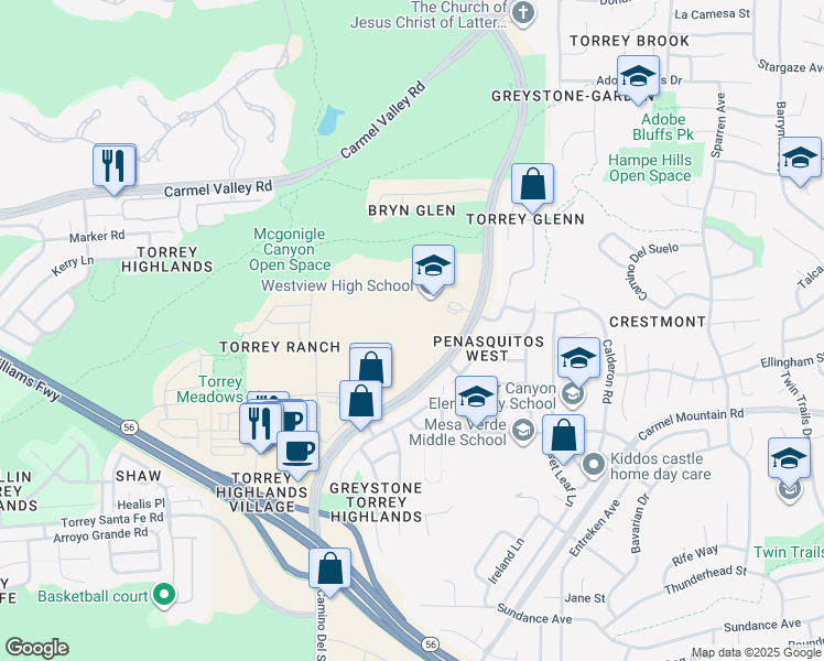 map of restaurants, bars, coffee shops, grocery stores, and more near 13500 Camino Del Sur in San Diego