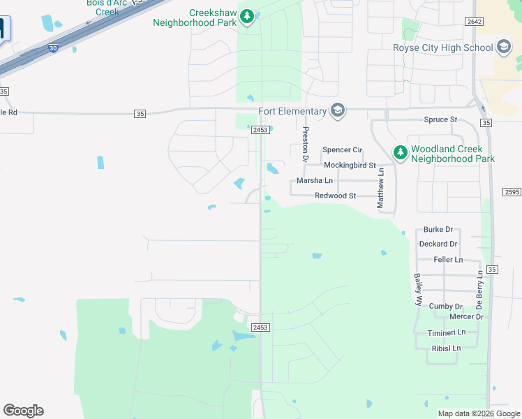 map of restaurants, bars, coffee shops, grocery stores, and more near 482 Farm to Market Road 2453 in Royse City
