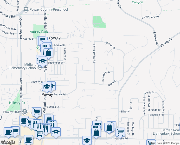 map of restaurants, bars, coffee shops, grocery stores, and more near 13975 Humo Drive in Poway
