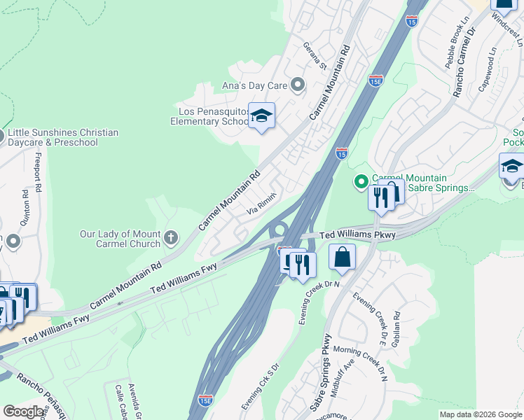 map of restaurants, bars, coffee shops, grocery stores, and more near 13843 Caminito Anzio in San Diego