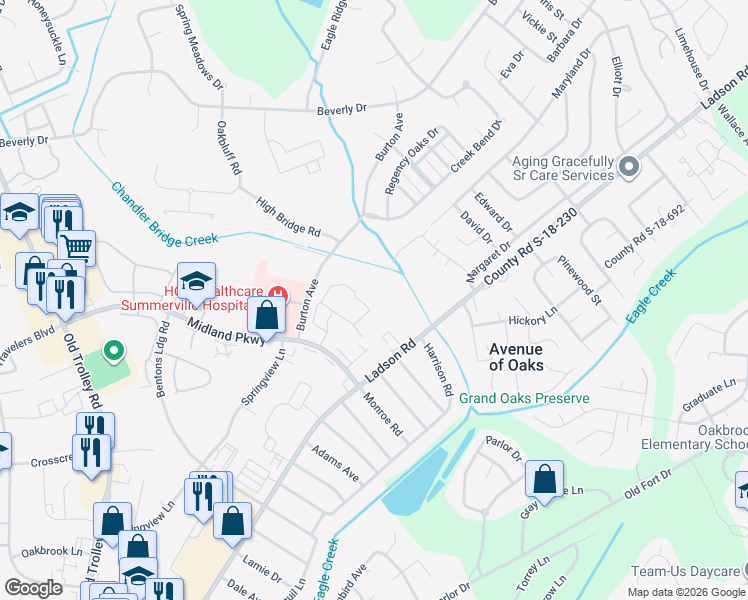 map of restaurants, bars, coffee shops, grocery stores, and more near 109 Burton Avenue in Summerville