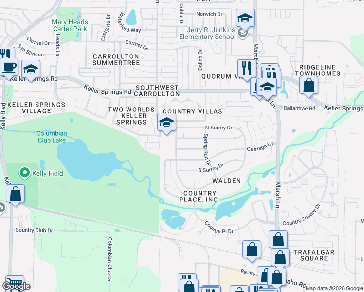 map of restaurants, bars, coffee shops, grocery stores, and more near 2700 Peach Tree Drive in Carrollton