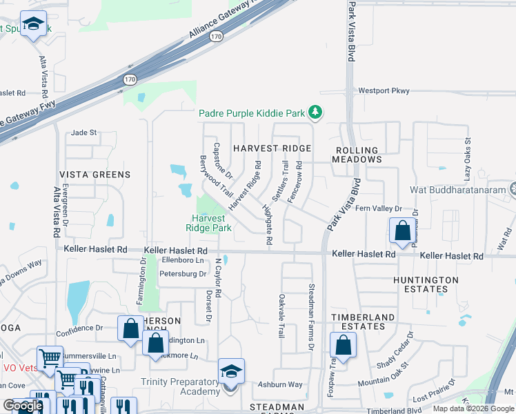 map of restaurants, bars, coffee shops, grocery stores, and more near 13021 Berrywood Trail in Fort Worth