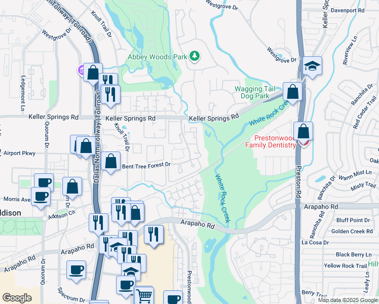 map of restaurants, bars, coffee shops, grocery stores, and more near 15937 Bent Tree Forest Circle in Dallas