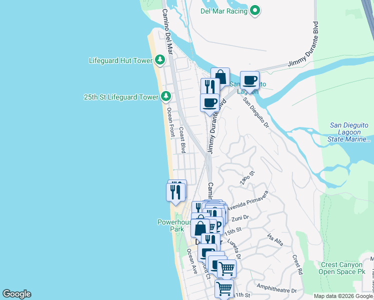 map of restaurants, bars, coffee shops, grocery stores, and more near 1935 Sand Barr Lane in Del Mar