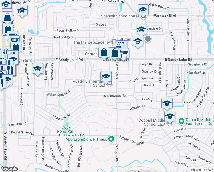 map of restaurants, bars, coffee shops, grocery stores, and more near 161 South Moore Road in Coppell