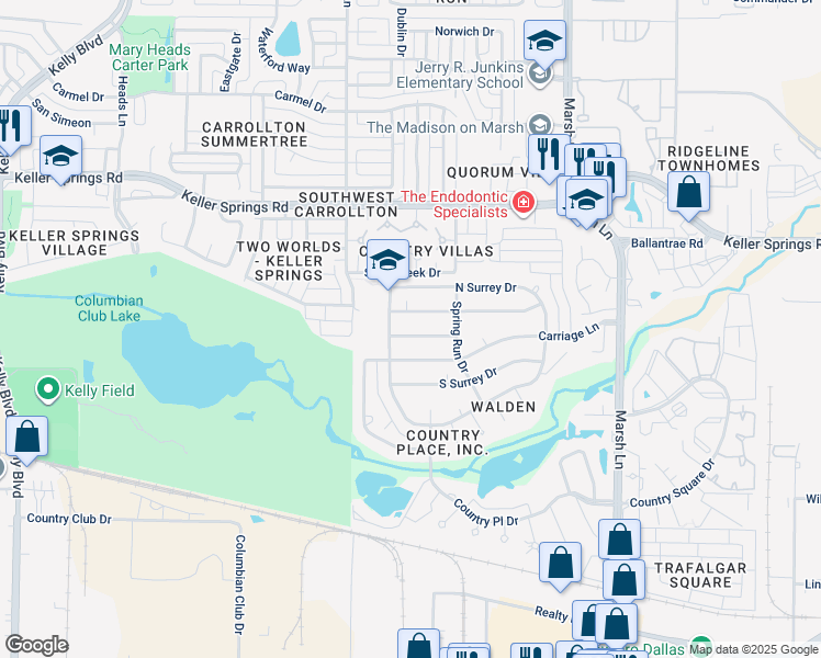 map of restaurants, bars, coffee shops, grocery stores, and more near 2705 Peach Tree Drive in Carrollton
