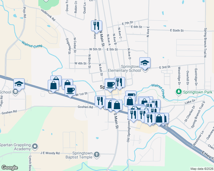 map of restaurants, bars, coffee shops, grocery stores, and more near 128 South Main Street in Springtown
