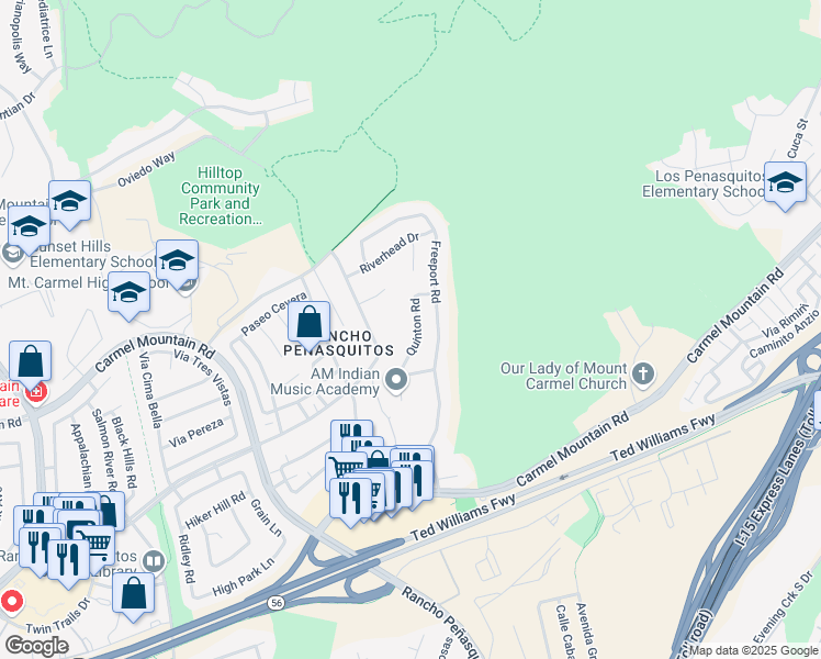 map of restaurants, bars, coffee shops, grocery stores, and more near 13740 Quinton Road in San Diego