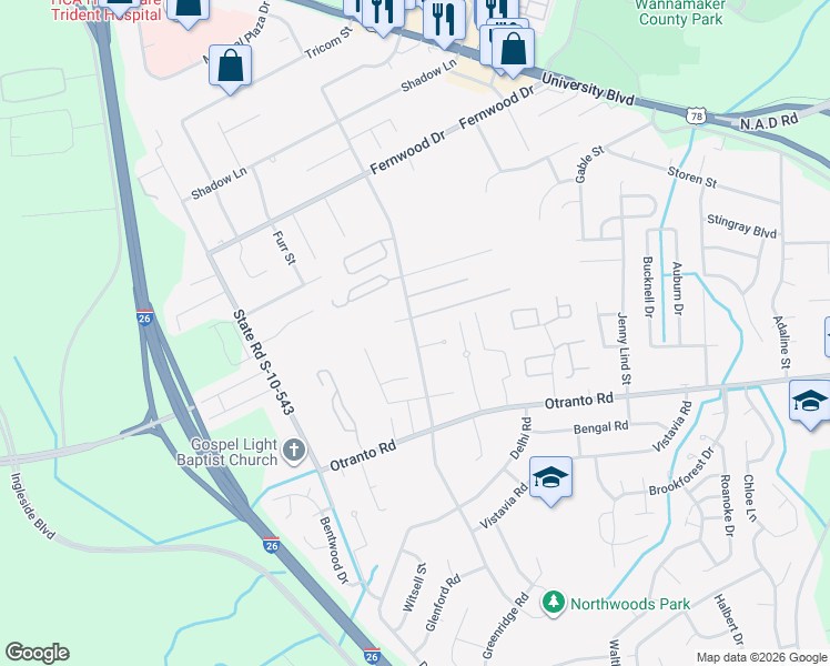 map of restaurants, bars, coffee shops, grocery stores, and more near 8810 Deerwood Drive in North Charleston