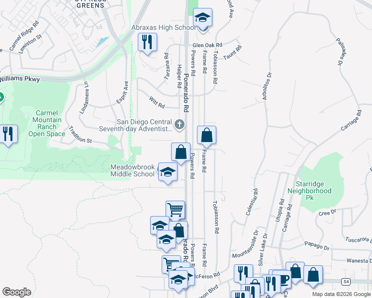 map of restaurants, bars, coffee shops, grocery stores, and more near Pomerado Rd & Vaughan Rd in Poway